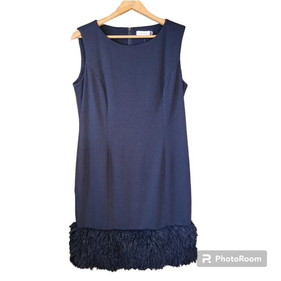 Calvin Klein Sheath Minidress with Faux Fur trim black size 14 - Picture 1 of 12